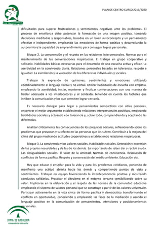 PLAN DE CENTRO CURSO 2019/2020
dificultades para superar frustraciones y sentimientos negativos ante los problemas. El
proceso de enseñanza debe potenciar la formación de una imagen positiva, tomando
decisiones meditadas y responsables, basadas en un buen autoconcepto y un pensamiento
efectivo e independiente, empleando las emociones de forma positiva y desarrollando la
autonomía y la capacidad de emprendimiento para conseguir logros personales.
Bloque 2. La comprensión y el respeto en las relaciones interpersonales. Normas para el
mantenimiento de las conversaciones respetuosas. El trabajo en grupo cooperativo y
solidario. Habilidades básicas necesarias para el desarrollo de una escucha activa y eficaz. La
asertividad en la convivencia diaria. Relaciones personales basadas en tolerancia, respeto e
igualdad. La asimilación y la valoración de las diferencias individuales y sociales.
Trabajar la expresión de opiniones, sentimientos y emociones utilizando
coordinadamente el lenguaje verbal y no verbal. Utilizar habilidades de escucha con empatía,
empleando la asertividad; iniciar, mantener y finalizar conversaciones con una manera de
hablar adecuada a los interlocutores y al contexto, teniendo en cuenta los factores que
inhiben la comunicación y los que permiten lograr cercanía.
Es necesario dialogar para llegar a pensamientos compartidos con otras personas,
encontrar el mejor argumento estableciendo relaciones interpersonales positivas, empleando
habilidades sociales y actuando con tolerancia y, sobre todo, comprendiendo y aceptando las
diferencias.
Analizar críticamente las consecuencias de los prejuicios sociales, reflexionando sobre los
problemas que provocan y su efecto en las personas que los sufren. Contribuir a la mejora del
clima del grupo mostrando actitudes cooperativas y estableciendo relaciones respetuosas.
Bloque 3. La convivencia y los valores sociales. Habilidades sociales. Detección y expresión
de las propias necesidades y de las de los demás. La importancia de saber dar y recibir ayuda.
Las desigualdades sociales. El valor de la amistad. Normas de convivencia. Resolución de
conflictos de forma pacífica. Respeto y conservación del medio ambiente. Educación vial.
Hay que educar y enseñar para la vida y para los problemas cotidianos, poniendo de
manifiesto una actitud abierta hacia los demás y compartiendo puntos de vista y
sentimientos. Trabajar en equipo favoreciendo la interdependencia positiva y mostrando
conductas solidarias. Practicar el altruismo en el entorno cercano sensibilizando sobre su
valor. Implicarse en la elaboración y el respeto de las normas de la comunidad educativa
empleando el sistema de valores personal que se construye a partir de los valores universales
Participar activamente en la vida cívica de forma pacífica y democrática transformando el
conflicto en oportunidad, conociendo y empleando las fases de la mediación y usando el
lenguaje positivo en la comunicación de pensamientos, intenciones y posicionamientos
personales.
 