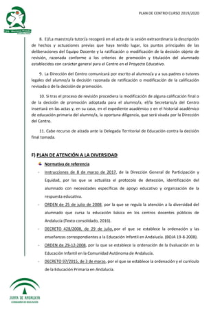 PLAN DE CENTRO CURSO 2019/2020
8. El/La maestro/a tutor/a recogerá en el acta de la sesión extraordinaria la descripción
de hechos y actuaciones previas que haya tenido lugar, los puntos principales de las
deliberaciones del Equipo Docente y la ratificación o modificación de la decisión objeto de
revisión, razonada conforme a los criterios de promoción y titulación del alumnado
establecidos con carácter general para el Centro en el Proyecto Educativo.
9. La Dirección del Centro comunicará por escrito al alumno/a y a sus padres o tutores
legales del alumno/a la decisión razonada de ratificación o modificación de la calificación
revisada o de la decisión de promoción.
10. Si tras el proceso de revisión procediera la modificación de alguna calificación final o
de la decisión de promoción adoptada para el alumno/a, el/la Secretario/a del Centro
insertará en las actas y, en su caso, en el expediente académico y en el historial académico
de educación primaria del alumno/a, la oportuna diligencia, que será visada por la Dirección
del Centro.
11. Cabe recurso de alzada ante la Delegada Territorial de Educación contra la decisión
final tomada.
F) PLAN DE ATENCIÓN A LA DIVERSIDAD
Normativa de referencia
- Instrucciones de 8 de marzo de 2017, de la Dirección General de Participación y
Equidad, por las que se actualiza el protocolo de detección, identificación del
alumnado con necesidades específicas de apoyo educativo y organización de la
respuesta educativa.
- ORDEN de 25 de julio de 2008, por la que se regula la atención a la diversidad del
alumnado que cursa la educación básica en los centros docentes públicos de
Andalucía (Texto consolidado, 2016).
- DECRETO 428/2008, de 29 de julio, por el que se establece la ordenación y las
enseñanzas correspondientes a la Educación Infantil en Andalucía. (BOJA 19-8-2008).
- ORDEN de 29-12-2008, por la que se establece la ordenación de la Evaluación en la
Educación Infantil en la Comunidad Autónoma de Andalucía.
- DECRETO 97/2015, de 3 de marzo, por el que se establece la ordenación y el currículo
de la Educación Primaria en Andalucía.
 