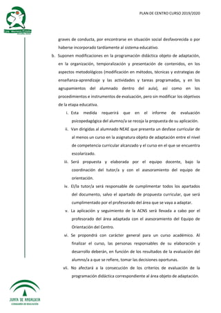 PLAN DE CENTRO CURSO 2019/2020
graves de conducta, por encontrarse en situación social desfavorecida o por
haberse incorporado tardíamente al sistema educativo.
b. Suponen modificaciones en la programación didáctica objeto de adaptación,
en la organización, temporalización y presentación de contenidos, en los
aspectos metodológicos (modificación en métodos, técnicas y estrategias de
enseñanza-aprendizaje y las actividades y tareas programadas, y en los
agrupamientos del alumnado dentro del aula), así como en los
procedimientos e instrumentos de evaluación, pero sin modificar los objetivos
de la etapa educativa.
i. Esta medida requerirá que en el informe de evaluación
psicopedagógica del alumno/a se recoja la propuesta de su aplicación.
ii. Van dirigidas al alumnado NEAE que presenta un desfase curricular de
al menos un curso en la asignatura objeto de adaptación entre el nivel
de competencia curricular alcanzado y el curso en el que se encuentra
escolarizado.
iii. Será propuesta y elaborada por el equipo docente, bajo la
coordinación del tutor/a y con el asesoramiento del equipo de
orientación.
iv. El/la tutor/a será responsable de cumplimentar todos los apartados
del documento, salvo el apartado de propuesta curricular, que será
cumplimentado por el profesorado del área que se vaya a adaptar.
v. La aplicación y seguimiento de la ACNS será llevada a cabo por el
profesorado del área adaptada con el asesoramiento del Equipo de
Orientación del Centro.
vi. Se propondrá con carácter general para un curso académico. Al
finalizar el curso, las personas responsables de su elaboración y
desarrollo deberán, en función de los resultados de la evaluación del
alumno/a a que se refiere, tomar las decisiones oportunas.
vii. No afectará a la consecución de los criterios de evaluación de la
programación didáctica correspondiente al área objeto de adaptación.
 
