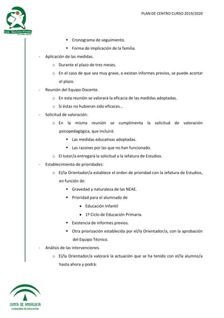 PLAN DE CENTRO CURSO 2019/2020
 Cronograma de seguimiento.
 Forma de implicación de la familia.
- Aplicación de las medidas.
o Durante el plazo de tres meses.
o En el caso de que sea muy grave, o existan informes previos, se puede acortar
el plazo.
- Reunión del Equipo Docente.
o En esta reunión se valorará la eficacia de las medidas adoptadas.
o Si éstas no hubieran sido eficaces…
- Solicitud de valoración:
o En la misma reunión se cumplimenta la solicitud de valoración
psicopedagógica, que incluirá:
 Las medidas educativas adoptadas.
 Las razones por las que no han funcionado.
o El tutor/a entregará la solicitud a la Jefatura de Estudios.
- Establecimiento de prioridades:
o El/la Orientador/a establece el orden de prioridad con la Jefatura de Estudios,
en función de:
 Gravedad y naturaleza de las NEAE.
 Prioridad para el alumnado de
 Educación Infantil
 1º Ciclo de Educación Primaria.
 Existencia de informes previos.
 Otra priorización establecida por el/la Orientador/a, con la aprobación
del Equipo Técnico.
- Análisis de las intervenciones.
o El/la Orientador/a valorará la actuación que se ha tenido con el/la alumno/a
hasta ahora y podrá:
 