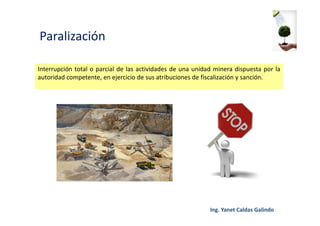 Paralización
Interrupción total o parcial de las actividades de una unidad minera dispuesta por la
autoridad competente, en ejercicio de sus atribuciones de fiscalización y sanción.
 