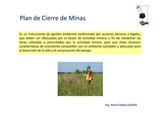 Plan de Cierre de Minas
Es un instrumento de gestión ambiental conformado por acciones técnicas y legales,
que deben ser efectuadas por el titular de actividad minera, a fin de rehabilitar las
áreas utilizadas o perturbadas por la actividad minera, para que éstas alcancen
características de ecosistema compatible con un ambiente saludable y adecuado para
el desarrollo de la vida y la conservación del paisaje.
 