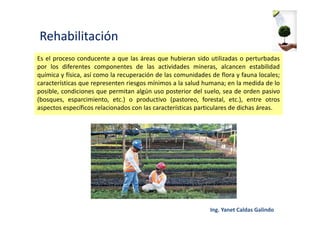 Rehabilitación
Es el proceso conducente a que las áreas que hubieran sido utilizadas o perturbadas
por los diferentes componentes de las actividades mineras, alcancen estabilidad
química y física, así como la recuperación de las comunidades de flora y fauna locales;
características que representen riesgos mínimos a la salud humana; en la medida de lo
posible, condiciones que permitan algún uso posterior del suelo, sea de orden pasivo
(bosques, esparcimiento, etc.) o productivo (pastoreo, forestal, etc.), entre otros
aspectos específicos relacionados con las características particulares de dichas áreas.
 