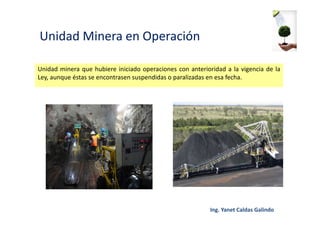 Unidad Minera en Operación
Unidad minera que hubiere iniciado operaciones con anterioridad a la vigencia de la
Ley, aunque éstas se encontrasen suspendidas o paralizadas en esa fecha.
 