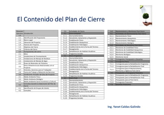 El Contenido del Plan de Cierre
Resumen
Ejecutivo
1.0
Introducción
1.1 Identificación del Proponente
1.2 Marco Legal
1.3 Ubicación del Proyecto
1.4 Historia del Proyecto
1.5 Objetivos del Cierre
1.6 Criterios del Cierre
2.0 Componentes del cierre
2.1 Mina
2.2 Instalaciones de Procesamiento
2.3 Instalaciones de Manejo de Residuos
2.4 Instalaciones de Manejo de Agua
2.5 Áreas de Materiales de Préstamo
2.6
Otras Infraestructuras Relacionadas con el
Proyecto
2.7 Vivienda y Servicios para el Trabajador
2.8 Fuerza de Trabajo y Obtención de Recursos
3.0 Condiciones Actuales del Sitio del Proyecto
3.1 Medio Ambiente Físico
3.2 Medio Ambiente Biológico
3.3 Medio Ambiente Socio-Económico y Cultural
4.0
Consultas durante la elaboración del Plan de
Cierre
4.1 Identificación de Grupos de Interés
4.2 Consultas
5.0 Actividades de Cierre
5.1 Cierre temporal
5.1.1 Desmantelamiento
5.1.2 Demolición, Salvamento y Disposición
5.1.3 Estabilización Física
5.1.4 Estabilización Geoquímica
5.1.5 Estabilización Hidrológica
5.1.6 Establecimiento de la Forma del Terreno
5.1.7 Revegetación
5.1.8 Rehabilitación de Habitats Acuáticos
5.1.9 Programas Sociales
5.2 Cierre Progresivo
5.2.1 Desmantelamiento
5.2.2 Demolición, Salvamento y Disposición
5.2.3 Estabilización Física
5.2.4 Estabilización Geoquímica
5.2.5 Estabilización Hidrológica
5.2.6 Establecimiento de la Forma del Terreno
5.2.7 Revegetación
5.2.8 Rehabilitación de Habitats Acuáticos
5.2.9 Programas Sociales
5.3 Cierre Final
5.3.1 Desmantelamiento
5.3.2 Demolición, Salvamento y Disposición
5.3.3 Estabilización Física
5.3.4 Estabilización Geoquímica
5.3.5 Estabilización Hidrológica
5.3.6 Establecimiento de la Forma del Terreno
5.3.7 Revegetación
5.3.8 Rehabilitación de Habitats Acuáticos
5.3.9 Programas Sociales
6.0 Mantenimiento y Monitoreo Post-Cierre
6.1 Actividades de Mantenimiento Post-Cierre
6.1.1 Mantenimiento Físico
6.1.2 Mantenimiento Geoquímico
6.1.3 Mantenimiento Hidrológico
6.1.4 Mantenimiento Biológico
6.2 Actividades de Monitoreo Post-Cierre
6.2.1 Monitoreo de Estabilidad Física
6.2.2 Monitoreo de Estabilidad Geoquímica
6.2.3 Monitoreo de Estabilidad Hidrológica
6.2.4 Monitoreo Biológico
6.2.5 Monitoreo Social
7.0 Cronograma, Presupuesto y Garantías
7.1 Cronograma Físico
7.1.1 Cronograma para la Rehabilitación Progresiva
7.1.2 Cronograma para la Rehabilitación Final
7.1.3
Cronograma para el Mantenimiento,
Monitoreo y Vigilancia Post-Cierre
7.2 Presupuesto y Cronograma Financiero
7.2.1 Presupuesto para la Rehabilitación Progresiva
7.2.2 Presupuesto para la Rehabilitación Final
7.2.3 Presupuesto para el Post Cierre
7.2.4 Cronograma Financiero
7.3 Garantías Financieras
 