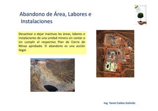 Abandono de Área, Labores e
Instalaciones
Desactivar o dejar inactivas las áreas, labores e
instalaciones de una unidad minera sin contar o
sin cumplir el respectivo Plan de Cierre de
Minas aprobado. El abandono es una acción
ilegal.
 