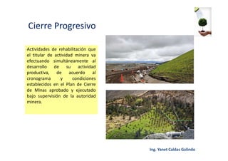 Cierre Progresivo
Actividades de rehabilitación que
el titular de actividad minera va
efectuando simultáneamente al
desarrollo de su actividad
productiva, de acuerdo al
cronograma y condiciones
establecidos en el Plan de Cierre
de Minas aprobado y ejecutado
bajo supervisión de la autoridad
minera.
 