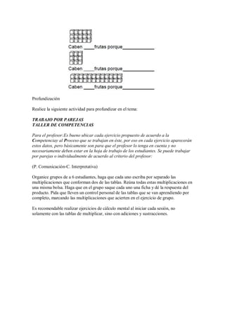 Profundización

Realice la siguiente actividad para profundizar en el tema:

TRABAJO POR PAREJAS
TALLER DE COMPETENCIAS

Para el profesor:Es bueno ubicar cada ejercicio propuesto de acuerdo a la
Competenciay al Proceso que se trabajan en éste, por eso en cada ejercicio aparecerán
estos datos, pero básicamente son para que el profesor lo tenga en cuenta y no
necesariamente deben estar en la hoja de trabajo de los estudiantes. Se puede trabajar
por parejas o individualmente de acuerdo al criterio del profesor:

(P. Comunicación-C. Interpretativa)

Organice grupos de a 6 estudiantes, haga que cada uno escriba por separado las
multiplicaciones que conforman dos de las tablas. Reúna todas estas multiplicaciones en
una misma bolsa. Haga que en el grupo saque cada uno una ficha y dé la respuesta del
producto. Pida que lleven un control personal de las tablas que se van aprendiendo por
completo, marcando las multiplicaciones que acierten en el ejercicio de grupo.

Es recomendable realizar ejercicios de cálculo mental al iniciar cada sesión, no
solamente con las tablas de multiplicar, sino con adiciones y sustracciones.
 