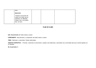 texto
Aplicación
-Subrayar las escenas del
cuento en el orden que se
presentan con diferentes
colores (1era. con amarillo,
2da. con azul)
PLAN DE CLASE
EJE: Conocimiento del medio natural y cultural
COMPONENTE: Descubrimiento y comprensión del medio natural y cultural.
TEMA: Tradiciones y costumbres. Fiestas tradicionales.
OBJETIVO ESPECÍFICO: - Promover y estimular el conocimiento y respeto a las tradiciones y costumbres de su comunidad para que se sienta orgulloso de
su identidad
No. de períodos: 4
 