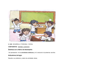 2.- EJE: DESARROLLO PERSONAL Y SOCIAL
COMPONENTES: Identidad y autonomía
Destreza con criterio de desempeño
Ser perseverante en las actividades cotidianas y en la resolución de problemas sencillos.
Indicadores de logro
Resuelve sus problemas y realiza las actividades diarias.
 