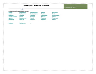 FORMATO 4 PLAN DE ESTUDIO
5 de enero de 2015
33
c) Relativos a valores, actitudes y normas.
Aceptar Comportarse Interesarse por Preferir Reaccionar
Actuar Conformarse Mostrar interés Prestar Sentir
Adaptarse Cooperar Obedecer Preocuparse Ser consciente
Adquirir el hábito Criticar Participar Rehusar Tolerar
Apreciar Esforzarse por Permitir Renunciar Tomar parte
Aprovechar Gozar de Practicar Respetar Valorar
Colaborar Habituarse a …
 