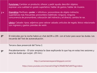 7 º
Funciones: Cambiar un producto; ofrecer y pedir ayuda; describir objetos;
expresar una cualidad en grado superlativo; hablar de gastos; hablar de museos.
Gramática: Perífrasis «poder + infinitivo»; pronombres de objeto indirecto;
superlativos más frecuentes; pronombre indefinido: ninguno, ninguna;
concurrencia de pronombres; colocación del indirecto y el directo; cambio le>se.
Léxico: Calzado: tipos; adjetivos para valorar calzado; artículos de regalo; léxico relacionado
con ingresos y gastos; prendas de vestir.
8º El miércoles por la noche habrá un chat de19h a 20h con el tutor para sacar las dudas. Les
recuerda del Test de autoevaluación.
9º
Tercera clase presencial del Tema 2.
Precalentamiento - El tutor empieza la clase explicando lo que hay en estas tres sesiones y
saca las dudas que surjan. (20 min.)
http://cuentameenespanol.blogspot.com.br/
https://www.youtube.com/channel/UCNgF1CR9dEEYIldTaMiTFag/videos
 
