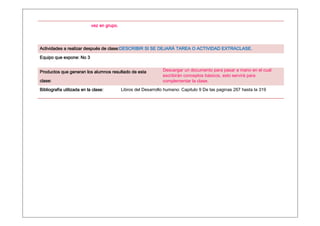 vez en grupo.




                                  clase:DESCRIBIR
Actividades a realizar después de clase:DESCRIBIR SI SE DEJARÁ TAREA O ACTIVIDAD EXTRACLASE.
Equipo que expone: No 3
           expone:


Productos que generan los alumnos resultado de esta             Descargar un documento para pasar a mano en el cual
                                                                escribirán conceptos básicos, esto servirá para
clase:                                                          complementar la clase.
Bibliografía utilizada en la clase:         Libros del Desarrollo humano: Capitulo 9 De las paginas 267 hasta la 319
 