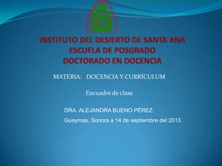 MATERIA: DOCENCIA Y CURRÍCULUM
Encuadre de clase
DRA. ALEJANDRA BUENO PÉREZ.
Guaymas, Sonora a 14 de septiembre del 2013

 