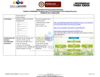 MINISTERIO DE EDUCACIÓN NACIONAL
TODOS A APRENDER: Programa para la Transformación de la Calidad Educativa
FORMATO DE PLANEACIÓN
PROGRAMA “TODOS A APRENDER”: Formato único de planeación Versión: 201304 Página No. 3 de 8
Calle 43 No. 57-14 Centro Administrativo Nacional, CAN, Bogotá, D.C.
PBX: (057) (1) 222 2800 - Fax 222 4953
www.mineducacion.gov.co – atencionalciudadano@mineducacion.gov.co
factores que en
él.intervienen.
Actividades Exponer el video y el material
de evaluación.
Leer las preguntas de la
Evaluación de
comprensión del video,
antes de verlo.
Ven el video, con
http://contenidosparaaprender.mineducacion.gov.co/G_4/S/S_G
04_U05_L04/S_G04_U05_L04_01_01.html
https://www.youtube.com/watch?v=xypUF5Kr220
https://www.youtube.com/watch?v=tPFGdTE_nas
Estos otros dos videos, aclaran los conceptos de ecosistema, factores
bióticos y abióticos.
Socialización del
trabajo y
Formalización
conceptual
Entrega del documento que
aparece arriba, que ha
servido de introducción al
tema. Se revisa la
construcción del plano
graduado de dos cuadritos en
donde identifica los ejes.
Escribe, en su cuaderno el
concepto de ecosistema, en
forma de tabla.
Y un cuadro de flujo,
donde se anotan los
factores bióticos y
abióticos.
 