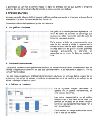 la posibilidad de ver más claramente todos los tipos de gráficos con los que cuenta el programa
logrando de esta forma elegir más claramente el que deseamos para trabajar.
3. TIPOS DE GRÁFICOS
Vamos a describir alguno de l los tipos de gráficos con los que cuenta el programa y de que forma
representan los datos de nuestras planillas de cálculo.
Para nosotros los más importantes y más utilizados son:
3.1 Los gráficos circulares
Los gráficos circulares permiten representar una
serie de datos de acuerdo al porcentaje que
cada uno de ellos representa sobre la suma de
todos los valores de la serie.
En la imagen anterior se presentan arriba cada
uno de los valores y abajo la representación
circular de cada uno de esos valores. Nosotros
usamos este tipo de grafico cuando queremos
expresar gráficamente la diferencia en
porcentaje de un grupo de datos en relación al
total.
3.2 Gráficos bidimensionales
Los gráficos bidimensionales permiten representar las series de datos en dos dimensiones o sea los
valores se representan alineados en dos ejes perpendiculares: el eje horizontal X abscisas) y el eje
vertical Y (ordenadas).
Hay tres tipos principales de gráficos bidimensionales: columnas, xy, y líneas. Salvo en caso de los
gráficos xy, las series de valores numéricos se representan en el eje vertical y las categorías se
alinean a lo largo del eje horizontal.
3.2.1 Gráficos de columnas
En la siguiente imagen mostramos un
ejemplo de un gráfico bidimensional, en
este caso de columnas.
Los datos representados en el gráfico
corresponden a los datos de la tabla que
también se muestra en la misma imagen.
En el eje x se representan los meses y en el
eje y las ventanas.
En el ejemplo en un eje tenemos las ventas
y en el otro eje los meses.
 