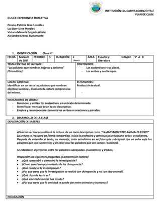 INSTITUCIÓNEDUCATIVA LORENZO YALÍ
PLAN DE CLASE
GUIA8: EXPERIENCIA EDUCATIVA
Omaira Patricia Díaz González
Luz Dary Silva Morales
Viviana MarcelaPulgarín Álzate
AlejandroArenas Bustamante
1. IDENTIFICACIÓN Clase N°
FECHA: Marzo 8
de 2017
PERIODO: 5 DURACIÓN: 6
horas
ÁREA: Español y
Literatura
GRADO: 5° A B
TEMA CENTRAL DE LA CLASE:
“Las palabras que nombran objetosy acciones”
(Gramática)
CONTENIDOS:
- Los sustantivos y sus clases.
- Los verbos y sus tiempos.
LOGRO GENERAL:
Identificar en un textolas palabras que nombran
objetosy acciones, mediante lalectura comprensiva
del mismo.
ESTÁNDARES:
Producción textual.
-
INDICADORES DE LOGRO:
- Reconoce y utilizarlos sustantivos enun texto determinado.
- Identificael mensaje de un texto descriptivo.
- Emplea y reconoce correctamente los verbosen oracionesy párrafos.
2. DESARROLLO DE LA CLASE
EXPLORACIÓN DE SABERES
Al iniciar la clase se realizará la lectura de un texto descriptivo corto. “LA AMISTAD ENTRE ANIMALES EXISTE”
La lectura se realizara en forma compartida, inicia la profesora y continua la lectura uno de los estudiantes.
Después de entender el texto, su mensaje, cada estudiante en su fotocopia subrayará con un color rojo las
palabras que son sustantivos y de color azul las palabras que son verbos (acciones).
Se establecen diferencias entre las palabras subrayadas. (Sustantivos y Verbos)
Responder las siguientes preguntas. (Comprensión lectora)
 ¿Qué comprobó o demostró la investigación?
 ¿Cómo era el comportamiento de los chimpancés?
 ¿Qué concluyó la investigación?
 ¿Por qué crees que la investigación se realizó con chimpancés y no con otro animal?
 ¿Qué clase de texto es?
 ¿Qué amistad especial has tenido?
 ¿Por qué crees que la amistad se puede dar entre animales y humanos?
INDAGACIÓN
 