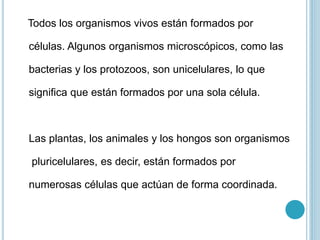 Todos los organismos vivos están formados por
células. Algunos organismos microscópicos, como las
bacterias y los protozoos, son unicelulares, lo que
significa que están formados por una sola célula.
Las plantas, los animales y los hongos son organismos
pluricelulares, es decir, están formados por
numerosas células que actúan de forma coordinada.
 