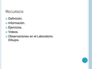 RECURSOS
 Definición.
 Información.
 Ejercicios.
 Videos.
 Observaciones en el Laboratorio.
Dibujos.
 