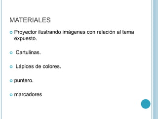 MATERIALES
 Proyector ilustrando imágenes con relación al tema
expuesto.
 Cartulinas.
 Lápices de colores.
 puntero.
 marcadores
 