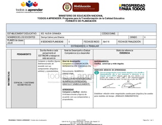 MINISTERIO DE EDUCACIÓN NACIONAL
TODOS AAPRENDER: Programa para la Transformación de la Calidad Educativa
FORMATO DE PLANEACIÓN
PROGRAM A “TODOS A APRENDER”: Formato único de planeación Versión: 201304 Página No. 1 de 11
Calle 43 No. 57-14 Centro Administrativo Nacional, CAN, Bogotá, D.C.
PBX: (057) (1) 222 2800 - Fax 222 4953
www.mineducacion.gov.co – atencionalciudadano@mineducacion.gov.co
ESTABLECIMIENTOEDUCATIVO: IED. NUEVA GRANADA CÓDIGO DANE:
NOMBRESDELOS DOCENTES Demys CelinaLaraOliveros GRADO 4
PLANES de clases
JULIO
# SESIONES PLANEADAS 5 FECHADE INICIO Abril 18 FECHADE FINALIZACIÓN
1. ESTÁNDAR(ES) A TRABAJAR
MATEMÁTICAS
PENSAMIENTO
Escriba frente a cada
pensamiento el
ESTÁNDAR a trabajar en
esta secuencia
Nivel de Desempeño a Evaluar
Competencia (s) a desarrollar
Matrizde referencia
EVIDENCIA
ESPACIAL Y SISTEMAS
GEOMÉTRICOS
Comparo y clasifico figuras
bidimensionales de
acuerdo con sus
componentes (ángulos y
vértices) y características.
Nivel de desempeño:
Competencia: COMUNICACIÓN,
REPRESENTACIÓN Y MODELACIÓN.
Pensamiento: NUMÉRICO-
VARIACIONAL.
TRADUCIR REPRESENTACIONES
NUMÉRICAS EXPRESADAS,
GRAFICA Y SIMBOLICAMENTE.
APRENDIZAJE:
Comparar y clasificar objetos
tridimensionales y figuras de
acuerdo con sus componentes y
propiedades.
RAZONAMIENTO:
Clasifica, construye y mide ángulos.
DERECHOS BÁSICOS DE APRENDIZAJE:
Establecer relación entre magnitudes usadaspara ángulosy las usadas
para medidas de tiempo. (ÁNGULOS EMBLEMÁTICOS)
 