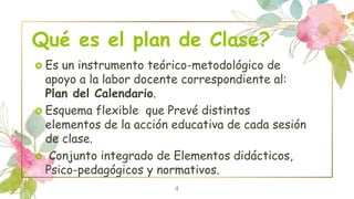 Qué es el plan de Clase?
 Es un instrumento teórico-metodológico de
apoyo a la labor docente correspondiente al:
Plan del Calendario.
 Esquema flexible que Prevé distintos
elementos de la acción educativa de cada sesión
de clase.
 Conjunto integrado de Elementos didácticos,
Psico-pedagógicos y normativos.
4
 