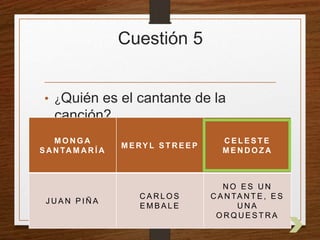 Cuestión 5 
• ¿Quién es el cantante de la 
canción? 
MONGA 
SANTAMARÍA 
MERYL STREEP 
CEL EST E 
MENDOZA 
JUAN PIÑA 
CARLOS 
EMBALE 
NO ES UN 
CANTANT E, ES 
UNA 
ORQUESTRA 
 