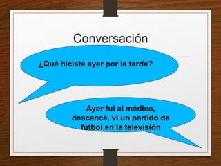 Conversación 
¿Qué hiciste ayer por la tarde? 
Ayer fui al médico, 
descancé, vi un partido de 
fútbol en la televisión 
 