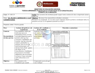 MINISTERIO DE EDUCACIÓN NACIONAL
TODOS AAPRENDER: Programa para la Transformación de la Calidad Educativa
FORMATO DE PLANEACIÓN
PROGRAM A “TODOS A APRENDER”: Formato único de planeación Versión: 201304 Página No. 2 de 6
Calle 43 No. 57-14 Centro Administrativo Nacional, CAN, Bogotá, D.C.
PBX: (057) (1) 222 2800 - Fax 222 4953
www.mineducacion.gov.co – atencionalciudadano@mineducacion.gov.co
Grupo: 4° A B C D Sesión: (una secuencia de enseñanza puede ocupar varias sesiones de clase es importante anotar
dónde va)
Tema: EL PLANO CARTESIANO Y LAS
COORDENADAS.
Objetivos: Reconocer las características del plano cartesiano.
Reconocer la coordenada (X, Y) como el par ordenado donde la primera coordenada indica la
posición en el eje X y la segunda la posición en el Eje Y.
Propuesta central: Práctica guiada.
Paso: Acciones del profesor o de
la profesora
Acciones del estudiante o
de la estudiante
Materiales u anotaciones
Contexto
Reconocimiento
de ideas previas
Los estudiantes saben que
todo tema nuevo en
matemáticas inicia con una
actividad diagnóstica que le
permite saber que hay
conceptos y habilidades que
ya posee que hay otras que
requiere profundizar y
manejar. Esto le sirve de
motivación porque se le
informa hasta dónde quiero
que llegue en sus
conocimientos y habilidades.
Se presenta la Actividad
diagnóstica que nos permite
reconocer lo que recuerdan
sobre ubicaciones en el
plano.
Explicita lo que sabe o
cree acerca del tema
“ubicaciones en el plano”
desarrollando dos
ejercicios.
Objetivos Les comunico a los
estudiantes que cuando
Comprenden acerca de qué
van a trabajar
 