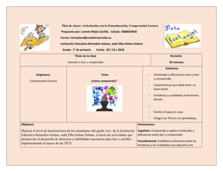 Plan de clases: Articulación con la Etnoeducación, Comprensión Lectora
Propuesto por: Lorenis Mejia Carrillo. Celular: 3008024450
Correo: lmmejiaca@unadvirtual.edu.co
Institución Educativa Remedios Solano, sede Elba Solano Solano
Grado: 1° de primaria Fecha: 20 / 10 / 2018
Título de la clase
Aprendo a leer y comprender
Duración
50 minutos
Asignatura
Comprensión Lectora
Tema
¿Cómo comprendo?
Subtemas
- Similitudes y diferencias entre y leer
y comprender
- Características que debe tener un
buen lector.
- Fortalezas y cualidades al momento
de leer.
-
- Familia mi guia en casa.
- Integro las TICS en mi aprendizaje.
Objetivos:
Mejorar el nivel de lectoescritura de los estudiantes del grado 1ero de la Institución
Educativa Remedios Solano, sede Elba Solano Solano, a través de actividades que
promuevan el desarrollo de destrezas y habilidades necesarias para leer y escribir,
implementando el apoyo de las TICS.
Dimensiones:
Cognitivo: Comprendo y explico similitudes y
diferencias entre leer y comprender
Procedimental: Establezco relaciones entre las
fortalezas y las cualidades que adquiere una
 