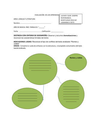 EVALUACIÓN DE LOS APRENDIZAJES
AREA: LENGUA Y LITERATURA
Nombre………………………….…………….…………………………
AÑO DE BASICA: 9NO PARALELO: “______”
Fecha ………………………….……………………Calificación: ______________
DESTREZA CON CRITERIO DE DESEMPEÑO: Observar y escuchar dramatizaciones y
reconocer las características formales del drama
INDICADORDE LOGRO: Reconoce el tipo de conflicto del texto analizado “Romeo y
Julieta”
ORDEN: Completa la rueda de atributos con la estructura y el propósito comunicativo del texto
teatral analizado.
LUCHEN Y SEAN SIEMPRE
RESPONSABLES,
RESPETUOSOS SÓLO ASÍ
LOGRARÁN EL ÉXITO
_________________________
_________________________
_________________________
_________________________
____________________
__________________
__________________
__________________
__________________
__________________
__________________
____________
______________________
______________________
______________________
______________________
Romeo y Julieta
 