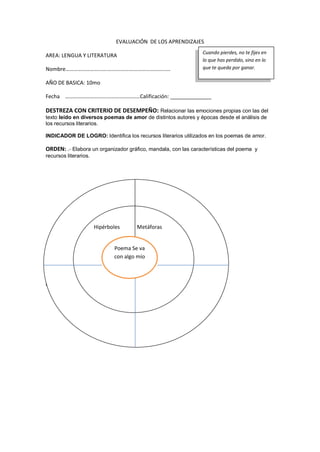 EVALUACIÓN DE LOS APRENDIZAJES
AREA: LENGUA Y LITERATURA
Nombre………………………….…………….…………………………
AÑO DE BASICA: 10mo
Fecha ………………………….……………………Calificación: ______________
DESTREZA CON CRITERIO DE DESEMPEÑO: Relacionar las emociones propias con las del
texto leído en diversos poemas de amor de distintos autores y épocas desde el análisis de
los recursos literarios.
INDICADOR DE LOGRO: Identifica los recursos literarios utilizados en los poemas de amor.
ORDEN: .- Elabora un organizador gráfico, mandala, con las características del poema y
recursos literarios.
La
Cuando pierdes, no te fijes en
lo que has perdido, sino en lo
que te queda por ganar.
R
r
Hipérboles Metáforas
Poema Se va
con algo mío
 