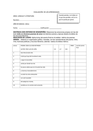 EVALUACIÓN DE LOS APRENDIZAJES
AREA: LENGUA Y LITERATURA
Nombre………………………….…………….…………………………
AÑO DE BASICA: 10mo
Fecha ………………………….……………………Calificación: ______________
DESTREZA CON CRITERIO DE DESEMPEÑO: Relacionar las emociones propias con las del
texto leído en diversos poemas de amor de distintos autores y épocas desde el análisis de
los recursos literarios.
INDICADOR DE LOGRO: Aplica la ley del acento final en el análisis métrico de poemas
ORDEN: .- Elabora un organizador gráfico, mandala, con las características del poema .ritmo,
rima, licencias poéticas y recursos literarios, además realiza el análisis métrico.
versos POEMA: ODA A LA VIDA RETIRADA
AUTOR: FRAY LUIS DE LEÓN S.G L.P S.M.
RIMA Ley del acento
final
1 Que descansada vida
2 la del que huye del mundanal ruido,
3 y sigue la escondida
4 senda por donde han ido
5 los pocos sabios que en el mundo han sido
6 y mientras miserablemente
7 se están los otros abrasando
8 con sed insaciable
9 del peligrosos mando,
10 tendido yo a la sombra esté cantando.
Cuando pierdes, no te fijes en
lo que has perdido, sino en lo
que te queda por ganar.
 