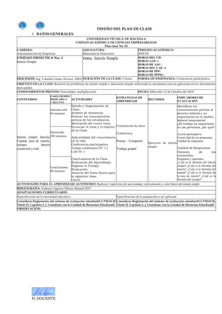 F) DOCENTE
DISEÑO DEL PLAN DE CLASE
1. DATOS GENERALES:
UNIVERSIDAD TÉCNICA DE MACHALA
UNIDAD ACADÉMICA DE CIENCIAS EMPRESARIALES
Plan clase No. 02
CARRERA:
Administración de Empresas
ASIGNATURA:
Matemáticas Financiera
PERIODO ACADÉMICO:
2018 D2
UNIDAD DIDÁCTICA No.: 1
Interés Simple
TEMA: Interés Simple HORAS DEL CD:
HORAS AAP: 1
HORAS DE AAC:
HORAS DEL CAE: 4
HORAS DE PPP:
HORAS DE PPPSC:
DOCENTE: Ing. Yolanda Laines Alvarez, MBA DURACIÓN DE LA CLASE: 5 horas FORMA DE ENSEÑANZA: Conferencia participativa
OBJETIVO DE LA CLASE: Resolver los problemas de interés simple y descuento simple utilizando la calculadora para la aplicación en los documentos
mercantiles
CONOCIMIENTOS PREVIOS: Porcentajes, multiplicación FECHA: Miércoles 12 de Octubre del 2018
CONTENIDOS
FASES/TIEMPO
DEDICADO A
CADA UNA
ACTIVIDADES
ESTRATEGIAS DE
APRENDIZAJE
RECURSOS
INDICADORES DE
EVALUACIÓN
Interés simple: Interés,
Capital, tasa de interés,
tiempo; Interés
comercial y real.
Introducción
40 minutos
Saludo y Organización de
Clase.
Análisis de Asistencia
Evaluar los conocimientos
previos de los estudiantes.
Motivación del nuevo tema.
Enunciar el tema y el objetivo
de la Clase.
Aplicabilidad del conocimiento
en la vida.
Conferencia participativa
Trabajo colaborativo N°. 1.1
CAE N°. 1
Conclusiones de la Clase
Evaluación del Aprendizaje.
Explicar el Trabajo.
Evaluación.
Anuncio del Tema Nuevo para
la siguiente clase.
Cierre
Constelación de ideas
Conferencia
Pensar – Compartir
Trabajo grupal
Ejercicios de interés
simple
Identificar los
conocimientos previos al
derecho laboral y su
importancia en el ámbito
laboral empresarial
¿El trabajo es importante
en las personas, por qué?
Acción participativa.
Creatividad de las propuestas.
Calidad de respuestas
Calidad de Respuestas
Dominio de los
contenidos.
Preguntas y repuestas:
¿Cuál es la fórmula del interés
simple? ¿Cuál es la fórmula del
interés? ¿Cuál es la fórmula del
capital? ¿Cuál es la fórmula de
la tasa de interés? ¿Cuál es la
fórmula del tiempo?
Desarrollo
220 minutos
Conclusiones
40 minutos
ACTIVIDADES PARA EL APRENDIZAJE AUTÓNOMO: Realizar 3 ejercicios de tasa nominal, valor presente y valor futuro del monto simple.
BIBLIOGRAFÍA: Vidaurri Aguirre Héctor Manuel 2017
ADAPTACIONES CURRICULARES
Especificación de la necesidad educativa Especificación de la adaptación a ser aplicada
Considerar Reglamento del sistema de evaluación estudiantil UTMACH,
Título II, Capítulo I, y Coordinar con la Unidad de Bienestar Estudiantil
Considerar Reglamento del sistema de evaluación estudiantil UTMACH,
Título II, Capítulo I, y Coordinar con la Unidad de Bienestar Estudiantil
OBSERVACIÓN:
 