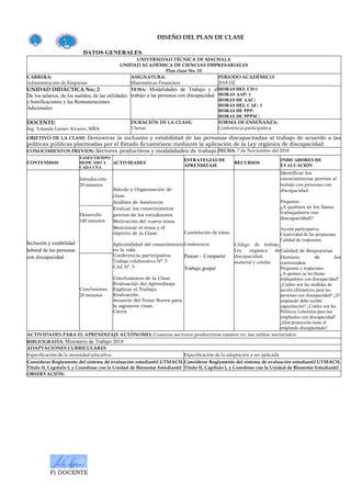 F) DOCENTE
DISEÑO DEL PLAN DE CLASE
DATOS GENERALES:
UNIVERSIDAD TÉCNICA DE MACHALA
UNIDAD ACADÉMICA DE CIENCIAS EMPRESARIALES
Plan clase No. 10
CARRERA:
Administración de Empresas
ASIGNATURA:
Matemáticas Financiera
PERIODO ACADÉMICO:
2018 D2
UNIDAD DIDÁCTICA No.: 2
De los salarios, de los sueldos, de las utilidades
y bonificaciones y las Remuneraciones
Adicionales
TEMA: Modalidades de Trabajo y el
trabajo a las personas con discapacidad
HORAS DEL CD:1
HORAS AAP: 1
HORAS DE AAC:
HORAS DEL CAE: 1
HORAS DE PPP:
HORAS DE PPPSC:
DOCENTE:
Ing. Yolanda Laines Alvarez, MBA
DURACIÓN DE LA CLASE:
3 horas
FORMA DE ENSEÑANZA:
Conferencia participativa
OBJETIVO DE LA CLASE: Demostrar la inclusión y estabilidad de las personas discapacitadas al trabajo de acuerdo a las
políticas públicas planteadas por el Estado Ecuatoriano mediante la aplicación de la Ley orgánica de discapacidad.
CONOCIMIENTOS PREVIOS: Sectores productivos y modalidades de trabajo FECHA: 7 de Noviembre del 2018
CONTENIDOS
FASES/TIEMPO
DEDICADO A
CADA UNA
ACTIVIDADES
ESTRATEGIAS DE
APRENDIZAJE
RECURSOS
INDICADORES DE
EVALUACIÓN
Inclusión y estabilidad
laboral de las personas
con discapacidad.
Introducción
20 minutos
Saludo y Organización de
clase.
Análisis de Asistencia
Evaluar los conocimientos
previos de los estudiantes.
Motivación del nuevo tema.
Mencionar el tema y el
objetivo de la Clase.
Aplicabilidad del conocimiento
en la vida.
Conferencia participativa
Trabajo colaborativo N°. 5
CAE N°. 5
Conclusiones de la Clase
Evaluación del Aprendizaje.
Explicar el Trabajo.
Evaluación.
Anuncio del Tema Nuevo para
la siguiente clase.
Cierre
Constelación de ideas
Conferencia
Pensar – Compartir
Trabajo grupal
Código de trabajo,
Ley orgánica de
discapacidad,
material y celular
Identificar los
conocimientos previos al
trabajo con personas con
discapacidad.
Preguntas:
¿A quiénes se les llama
trabajadores con
discapacidad?
Acción participativa.
Creatividad de las propuestas.
Calidad de respuestas
Calidad de Respuestas
Dominio de los
contenidos.
Preguntas y respuestas:
¿A quiénes se les llama
trabajadores con discapacidad?
¿Cuáles son las medidas de
acción afirmativas para las
personas con discapacidad? ¿El
empleado debe recibir
capacitación? ¿Cuáles son las
Políticas Laborales para los
empleados con discapacidad?
¿Qué protección tiene el
empleado discapacitado?
Desarrollo
140 minutos
Conclusiones
20 minutos
ACTIVIDADES PARA EL APRENDIZAJE AUTÓNOMO: Cuantos sectores productivos existen en las tablas sectoriales.
BIBLIOGRAFÍA: Ministerio de Trabajo 2018
ADAPTACIONES CURRICULARES
Especificación de la necesidad educativa Especificación de la adaptación a ser aplicada
Considerar Reglamento del sistema de evaluación estudiantil UTMACH,
Título II, Capítulo I, y Coordinar con la Unidad de Bienestar Estudiantil
Considerar Reglamento del sistema de evaluación estudiantil UTMACH,
Título II, Capítulo I, y Coordinar con la Unidad de Bienestar Estudiantil
OBSERVACIÓN:
 