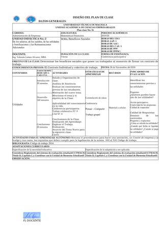 F) DOCENTE
DISEÑO DEL PLAN DE CLASE
DATOS GENERALES:
UNIVERSIDAD TÉCNICA DE MACHALA
UNIDAD ACADÉMICA DE CIENCIAS EMPRESARIALES
Plan clase No. 16
CARRERA:
Administración de Empresas
ASIGNATURA:
Matemáticas Financiera
PERIODO ACADÉMICO:
2018 D2
UNIDAD DIDÁCTICA No.: 2
De los salarios, de los sueldos, de las utilidades
y bonificaciones y las Remuneraciones
Adicionales
TEMA: Beneficios Sociales HORAS DEL CD:1
HORAS AAP: 1
HORAS DE AAC:
HORAS DEL CAE: 1
HORAS DE PPP:
HORAS DE PPPSC:
DOCENTE:
Ing. Yolanda Laines Alvarez, MBA
DURACIÓN DE LA CLASE:
3 horas
FORMA DE ENSEÑANZA:
Conferencia participativa
OBJETIVO DE LA CLASE: Determinar los beneficios sociales que posee un trabajador al momento de firmar un contrato de
trabajo.
CONOCIMIENTOS PREVIOS: El Contrato Individual y colectivo de trabajo. FECHA: 28 de Noviembre del 2018
CONTENIDOS
FASES/TIEMPO
DEDICADO A
CADA UNA
ACTIVIDADES
ESTRATEGIAS DE
APRENDIZAJE
RECURSOS
INDICADORES DE
EVALUACIÓN
Utilidades
Introducción
20 minutos
Saludo y Organización de
clase.
Análisis de Asistencia
Evaluar los conocimientos
previos de los estudiantes.
Motivación del nuevo tema.
Mencionar el tema y el
objetivo de la Clase.
Aplicabilidad del conocimiento
en la vida.
Conferencia participativa
Trabajo colaborativo N°. 8
CAE N°. 8
Conclusiones de la Clase
Evaluación del Aprendizaje.
Explicar el Trabajo.
Evaluación.
Anuncio del Tema Nuevo para
la siguiente clase.
Cierre
Constelación de ideas
Conferencia
Pensar – Compartir
Trabajo grupal
Material y celular.
Identificar los
conocimientos previos a
las utilidades.
Preguntas:
¿Quiénes pueden hacer
uso de las utilidades?
Acción participativa.
Creatividad de las propuestas.
Calidad de respuestas
Calidad de Respuestas
Dominio de los
contenidos.
Preguntas y respuestas:
¿Cómo se calcula las utilidades?
¿Cuándo qué fecha se liquidan
las utilidades? ¿Cuándo se paga
las utilidades?
Desarrollo
140 minutos
Conclusiones
20 minutos
ACTIVIDADES PARA EL APRENDIZAJE AUTÓNOMO: Resuma el procedimiento para hacer una asociación, un Comité de empresa y la
huelga y sus casos, los requisitos que deben cumplir para la legalización de la misma. 440 al 524 Código de trabajo.
BIBLIOGRAFÍA: Código de trabajo 2014
ADAPTACIONES CURRICULARES
Especificación de la necesidad educativa Especificación de la adaptación a ser aplicada
Considerar Reglamento del sistema de evaluación estudiantil UTMACH,
Título II, Capítulo I, y Coordinar con la Unidad de Bienestar Estudiantil
Considerar Reglamento del sistema de evaluación estudiantil UTMACH,
Título II, Capítulo I, y Coordinar con la Unidad de Bienestar Estudiantil
OBSERVACIÓN:
 