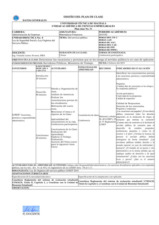 F) DOCENTE
DISEÑO DEL PLAN DE CLASE
DATOS GENERALES:
UNIVERSIDAD TÉCNICA DE MACHALA
UNIDAD ACADÉMICA DE CIENCIAS EMPRESARIALES
Plan clase No. 31
CARRERA:
Administración de Empresas
ASIGNATURA:
Matemáticas Financiera
PERIODO ACADÉMICO:
2018 D2
UNIDAD DIDÁCTICA No.: 4
Ley de Seguridad Social y Ley Orgánica del
Servicio Público
TEMA: Del servicio público HORAS DEL CD: 2
HORAS AAP:
HORAS DE AAC:
HORAS DEL CAE:
HORAS DE PPP:
HORAS DE PPPSC:
DOCENTE:
Ing. Yolanda Laines Alvarez, MBA
DURACIÓN DE LA CLASE:
2 horas
FORMA DE ENSEÑANZA:
Conferencia participativa
OBJETIVO DE LA CLASE: Determinar las vacaciones y permisos que se les otorga al servidor público/a en caso de aplicarse.
CONOCIMIENTOS PREVIOS: Servidores Públicos, Ministerio de Trabajo. FECHA: 4 Febrero del 2019
CONTENIDOS
FASES/TIEMPO
DEDICADO A
CADA UNA
ACTIVIDADES
ESTRATEGIAS DE
APRENDIZAJE
RECURSOS INDICADORES DE EVALUACIÓN
LOSEP: Vacaciones,
permisos y responsabilidad
administrativa.
Introducción
20 minutos
Saludo y Organización de
clase.
Análisis de Asistencia
Evaluar los
conocimientos previos de
los estudiantes.
Motivación del nuevo
tema.
Mencionar el tema y el
objetivo de la Clase.
Aplicabilidad del
conocimiento en la vida.
Conferencia participativa
Conclusiones de la Clase
Evaluación del
Aprendizaje.
Explicar el Trabajo.
Evaluación.
Anuncio del Tema nuevo
para la siguiente clase.
Cierre
Constelación de ideas
Conferencia
Material y celular.
26 -40 LOSEP y 33
al 77 Reglamento
LOSEP
Identificar los conocimientos previos
a las vacaciones, permisos y responsabilidad
administrativa.
Preguntas:
¿Cuántos días de vacaciones se les otorga a
los empleados públicos?
Acción participativa.
Creatividad de las propuestas.
Calidad de respuestas
Calidad de Respuestas
Dominio de los contenidos.
Preguntas y respuestas:
¿Las vacaciones son pagadas? ¿El servidor@
pública conservará todos los derechos
adquiridos en la institución de origen al
momento que termine su comisión?
¿Cuántos años de comisión se le facilitará al
servidor público de comisión para el
desarrollo de estudios posgrados,
conferencias, pasantías o visitas en el
exterior o el país? ¿Termina la licencia de
permiso el servidor público deberá
reintegrarse de forma inmediata? ¿Las
servidoras públicas tendrán derecho a la
jornada especial, en caso de enfermedad y
lactancia? ¿El traslado de un puesto a otro
administrativo en la misma entidad, que no
implique cambio de domicilio y de igual
remuneración? ¿Cuáles son las sanciones
leves y graves? ¿Qué es el sumario
administrativo?
Desarrollo
80 minutos
Conclusiones
20 minutos
ACTIVIDADES PARA EL APRENDIZAJE AUTÓNOMO: Indique sobre Responsabilidad administrativa y las sanciones disciplinarias aplicables a los empleados
públicos, leer los Arts. Art. 41 al 49 y el reglamento de la LOSEP Arts. 78 al 111.
BIBLIOGRAFÍA: Ley de Orgánica del servicio público LOSEP 2010
ADAPTACIONES CURRICULARES
Especificación de la necesidad educativa Especificación de la adaptación a ser aplicada
Considerar Reglamento del sistema de evaluación estudiantil
UTMACH, Título II, Capítulo I, y Coordinar con la Unidad de
Bienestar Estudiantil
Considerar Reglamento del sistema de evaluación estudiantil UTMACH,
Título II, Capítulo I, y Coordinar con la Unidad de Bienestar Estudiantil
OBSERVACIÓN:
 