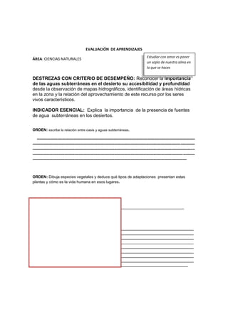 EVALUACIÓN DE APRENDIZAJES
ÁREA: CIENCIAS NATURALES
DESTREZAS CON CRITERIO DE DESEMPEÑO: Reconocer la importancia
de las aguas subterráneas en el desierto su accesibilidad y profundidad
desde la observación de mapas hidrográficos, identificación de áreas hídricas
en la zona y la relación del aprovechamiento de este recurso por los seres
vivos característicos.
INDICADOR ESENCIAL: Explica la importancia de la presencia de fuentes
de agua subterráneas en los desiertos.
ORDEN: escribe la relación entre oasis y aguas subterráneas.
----------------------------------------------------------------------------------------------------------------------------
-------------------------------------------------------------------------------------------------------------------------------
-------------------------------------------------------------------------------------------------------------------------------
-------------------------------------------------------------------------------------------------------------------------------
-------------------------------------------------------------------------------------------------------------------------
ORDEN: Dibuja especies vegetales y deduce qué tipos de adaptaciones presentan estas
plantas y cómo es la vida humana en esos lugares.
_____________________________________
____________________________________________________________________________________
____________________________________________________________________________________
____________________________________________________________________________________
____________________________________________________________________________________
____________________________________________________________________________________
____________________________________________________________________________________
____________________________________________________________________________________
____________________________________________________________________________________
_________________________________________________________________________________
Estudiar con amor es poner
un soplo de nuestra alma en
lo que se haces
 