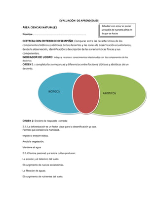 EVALUACIÓN DE APRENDIZAJES
ÁREA: CIENCIAS NATURALES
Nombre………………………….…………….…………………………
DESTREZA CON CRITERIO DE DESEMPEÑO: Comparar entre las características de los
componentes bióticos y abióticos de los desiertos y las zonas de desertización ecuatorianos,
desde la observación, identificación y descripción de las características físicas y sus
componentes.
INDICADOR DE LOGRO: Indaga y reconoce conocimientos relacionados con los componentes de los
desiertos
ORDEN 1 : completa las semejanzas y diferencias entre factores bióticos y abióticos de un
desierto.
ORDEN 2: Encierra la respuesta correcta:
2.1.-La deforestación es un factor clave para la desertificación ya que.
Permite que conserve la humedad.
Impide la erosión eólica.
Anula la vegetación.
Mantiene el agua
2.2.-El sobre pastoreó y el sobre cultivo producen:
La erosión y el deterioro del suelo.
El surgimiento de nuevos ecosistemas.
La filtración de aguas.
El surgimiento de nutrientes del suelo.
Estudiar con amor es poner
un soplo de nuestra alma en
lo que se haces
BIÓTICOS
ABIÓTICOS
 
