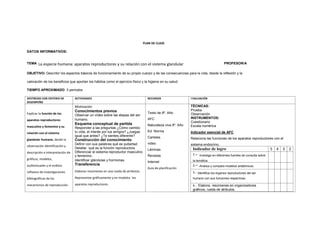 PLAN DE CLASE
DATOS INFORMATIVOS:
TEMA: La especie humana: aparatos reproductores y su relación con el sistema glandular PROFESOR/A
OBJETIVO: Describir los aspectos básicos de funcionamiento de su propio cuerpo y de las consecuencias para la vida, desde la reflexión y la
valoración de los beneficios que aportan los hábitos como el ejercicio físico y la higiene en su salud.
TIEMPO APROXIMADO: 3 períodos
DESTREZAS CON CRITERIO DE
DESEMPEÑO
ACTIVIDADES RECURSOS EVALUACIÓN
Explicar la función de los
aparatos reproductores
masculino y femenino y su
relación con el sistema
glandular humano, desde la
observación identificación y
descripción e interpretación de
gráficos, modelos,
audiovisuales y el análisis
reflexivo de investigaciones
bibliográficas de los
mecanismos de reproducción.
Motivación
Conocimientos previos
Observar un vídeo sobre las etapas del ser
humano.
Esquema conceptual de partida
Responder a las preguntas ¿Cómo cambio
tu vida, el interés por tus amigos? ¿Juegas
igual que antes? ¿Te sientes diferente?
Construcción del conocimiento
Definir con sus palabras qué es pubertad.
Detallar qué es la función reproductora
Diferenciar el sistema reproductor masculino
y femenino.
Identificar glándulas y hormonas.
Transferencia
Elaborar resúmenes en una rueda de atributos.
Representar gráficamente y en modelos los
aparatos reproductores.
Texto de 8º. Año
AFC
Naturaleza viva 8º. Año
Ed. Norma
Carteles
video
Láminas
Revistas
Internet
Guía de planificación
TÉCNICAS:
Prueba
Observación
INSTRUMENTOS:
Cuestionario
Escala numérica
Indicador esencial de AFC
Relaciona las funciones de los aparatos reproductores con el
sistema endocrino.
Indicador de logro 5 4 3 2
1.- Investiga en diferentes fuentes de consulta sobre
la temática.
2.- -Analiza y compara modelos anatómicos.
3.- Identifica los órganos reproductores del ser
humano con sus funciones respectivas.
4.- Elabora resúmenes en organizadores
gráficos, rueda de atributos.
 