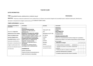 PLAN DE CLASE
DATOS INFORMATIVOS:
TEMA: Sexualidad humana, adolescencia y madurez sexual PROFESOR/A:
OBJETIVO. : Relacionar la etapa de la adolescencia con los cambios físicos y la madurez como procesos integrales de la sexualidad humana mediante la observación, identificación y
descripción e interpretación de imágenes audiovisuales para el cuidado de nuestro cuerpo.
TIEMPO APROXIMADO: 3 períodos
DESTREZAS CON CRITERIO DE
DESEMPEÑO
ACTIVIDADES RECURSOS EVALUACIÓN
Relacionar la etapa de la
adolescencia con los cambios
físicos y la madurez como
procesos integrales de la
Sexualidad humana desde la
observación, identificación y
descripción e interpretación de
imágenes audiovisuales de los
procesos de maduración sexual
y la valoración.
Motivación
Conocimientos previos
Observar un video sobre la
adolescencia
Esquema conceptual de partida
Responder a las preguntas ¿Qué
cambios muestra nuestro cuerpo ¿ ¿en
que a cambiado tu forma de ser?
Construcción del conocimiento
Definir qué es la adolescencia
Describir el ciclo de vida.
Hablar de la importancia de la
sexualidad
Enumerar los cambios físicos,
psicológicos de la adolescencia
Transferencia
Elaborar resúmenes.
Proponer formas de comportamiento al
hablar de temas de la sexualidad.
Texto de 8º. Año
AFC
Naturaleza viva 8º. Año
Ed. Norma
Carteles
video
Láminas
Revistas
Internet
Guía de planificación
curricular Ed. Norma
TÉCNICAS:
Observación
Prueba
INSTRUMENTOS:
Escala numérica
Cuestionario
Indicador esencial de AFC
Explica los comportamientos durante la etapa de la pubertad y
adolescencia debido a los cambios biopsicofisicos experimentados
en su cuerpo.
Indicador de logro 5 4 3 2
1.-Analiza cambios en la pubertad y adolescencia.
2.-Identifica los cambios en los púberes, adolescentes
y jóvenes.
3.-Reflexiona sobre los cuidados en estas etapas.
Interviene abiertamente en debates
4.-Establece sugerencias sobre temas de sexualidad
 