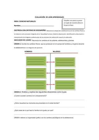 EVALUACIÓN DE LOSN APRENDIZAJES
ÁREA: CIENCIAS NATURALES
Nombre………………………….…………….…………………………
DESTREZA CON CRITERIO DE DESEMPEÑO: Relacionar la etapa de la adolescencia con los cambios físicos y
la madurez como procesos integrales de la Sexualidad humana desde la observación, identificación y descripción e
interpretación de imágenes audiovisuales de los procesos de maduración sexual y la valoración.
INDICADOR DE LOGRO: Reconoce los cambios en los púberes, adolescentes y jóvenes.
ORDEN 1: Escribe los cambios físicos que se producen en el cuerpo de hombres y mujeres durante
la adolescencia en el diagrama de oposición.
HOMBRES MUJERES
ORDEN 2: Analiza y explica las siguientes situaciones como tuyas.
¡Cuando suceden cambios en tu temperamento?
……………………………………………………………………………………………………………………………
¿Cómo resuelves tus momentos de privacidad en el núcleo familiar?
……………………………………………………………………………………………………………………………
¿Qué cosas de lo que hace tu familia no te gusta, por qué?
.........................................................................................................................................................................
ORDEN: elabora un organizador grafico con los cambios psicológicos en la adolescencia.
Estudiar con amor es poner
un soplo de nuestra alma en
lo que se hace
__________________
__________________
__________________
____
___________________
___________________
___________________
_
__________________
__________________
__________________
____
___________________
___________________
___________________
_
__________________
__________________
__________________
____
___________________
___________________
___________________
_
 