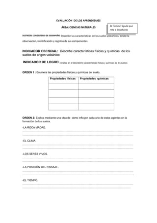 EVALUACIÓN DE LOS APRENDIZAJES
ÁREA: CIENCIAS NATURALES
DESTREZAS CON CRITERIO DE DESEMPEÑO: Describir las características de los suelos volcánicos, desde la
observación, identificación y registro de sus componentes
INDICADOR ESENCIAL: Describe características físicas y químicas de los
suelos de origen volcánico
INDICADOR DE LOGRO : Analiza en el laboratorio características físicas y químicas de los suelos.
ORDEN 1 : Enumera las propiedades físicas y químicas del suelo.
Propiedades físicas Propiedades químicas
ORDEN 2: Explica mediante una idea de cómo influyen cada uno de estos agentes en la
formación de los suelos.
-LA ROCA MADRE.
………………………………………………………………………………………………………………
………………………………………………………………………………………………………………
-EL CLIMA.
………………………………………………………………………………………………………………
………………………………………………………………………………………………………………
-LOS SERES VIVOS.
………………………………………………………………………………………………………………
………………………………………………………………………………………………………………
-LA POSICIÓN DEL PAISAJE..
………………………………………………………………………………………………………………
……………………………………………………………………………………………………………….
-EL TIEMPO.
………………………………………………………………………………………………………………
……………………………………………………………………………………………………………
Sé como el águila que
reta a las alturas
 