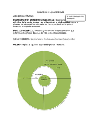 EVALUACIÓN DE LOS APRENDIZAJES
ÁREA: CIENCIAS NATURALES
DESTREZAS CON CRITERIO DE DESEMPEÑO: Describir las características
del clima de la región insular y su influencia en la biodiversidad, desde la
observación, descripción e interpretación de mapas de clima, isoyetas e
isotermas e imágenes satelitales.
INDICADOR ESENCIAL: Identifica y describe los factores climáticos que
determinan la variedad de zonas de vida en las islas galápagos.
INDICADOR DE LOGRO: Identifica factores climáticos y su influencia en la biodiversidad.
ORDEN: Completa el siguiente organizador gráfico, “mandala”.
MODIFICADO
POR
Sé como el águila que reta
a las alturas
POR EJEMPLO
CACTUS, PALO SANTO, GUAYA
BILLO
CLIMA DE
GALÁPAGOS
 