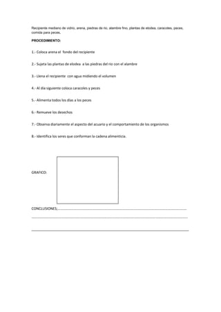 Recipiente mediano de vidrio, arena, piedras de rio, alambre fino, plantas de elodea, caracoles, peces,
comida para peces,
PROCEDIMIENTO:
1.- Coloca arena el fondo del recipiente
2.- Sujeta las plantas de elodea a las piedras del rio con el alambre
3.- Llena el recipiente con agua midiendo el volumen
4.- Al día siguiente coloca caracoles y peces
5.- Alimenta todos los días a los peces
6.- Remueve los desechos
7.- Observa diariamente el aspecto del acuario y el comportamiento de los organismos
8.- Identifica los seres que conforman la cadena alimenticia.
GRAFICO:
CONCLUSIONES;………………………………………………………………………………………………………………………………
…………………………………………………………………………………………………………………………………………………………
_________________________________________________________________________________
 