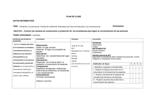 PLAN DE CLASE
DATOS INFORMATIVOS
TEMA: Predación y conservación. Protección ambiental. Reemplazo por fauna introducida y sus consecuencias PROFESOR/A
OBJETIVO. : Conocer las maneras de conservación y protección de los ecosistemas para lograr la concientización de las personas
TIEMPO APROXIMADO: 3 períodos
DESTREZAS CON CRITERIO DE
DESEMPEÑO
ACTIVIDADES RECURSOS EVALUACIÓN
Explicar el impacto que tiene
en el ecosistema el reemplazo
e introducción de fauna, su
influencia en las relaciones
interespecíficas y sus
consecuencias en los procesos
de conservación y protección
ambiental con la observación e
interpretación audiovisual,
investigación bibliográfica y el
análisis crítico reflexivo.
Observación.
Visitar un lugar cercano.
Observar el lugar y su propósito de
estudio.
Descripción
Determinar las características del lugar
estudiado.
Interrelación
Relacionar con la teoría sobre la
predación y conservación de especies
Comparación
Establecer semejanzas y diferencias
entre la fauna endémica y la introducida
y sus consecuencias.
Generalización
Formular conclusiones.
Elaborar resumes.
Texto de 10º. Año
AFC
Naturaleza viva 10. Año Ed.
Norma
Láminas
Revistas
Internet
Guía de planificación curricular
Ed. Norma
TÉCNICAS:
Observación
Prueba
INSTRUMENTOS:
Escala numérica
Cuestionario
Indicador esencial de AFC
Argumenta la importancia delas medidas de prevención: control,
mitigación y remediación de los suelos.
Indicador de logro 5 4 3 2
1 Identifica especies e introducidas.
2.- Explica el impacto que tiene en la
naturaleza la introducción de especies.
3.- Analiza críticamente el impacto de
introducción de fauna introducida.
4.- Propone acciones de protección y
conservación de especies.
 