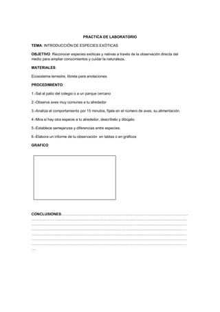 PRACTICA DE LABORATORIO
TEMA: INTRODUCCIÓN DE ESPECIES EXÓTICAS
OBJETIVO: Reconocer especies exóticas y nativas a través de la observación directa del
medio para ampliar conocimientos y cuidar la naturaleza.
MATERIALES:
Ecosistema terrestre, libreta para anotaciones.
PROCEDIMIENTO:
1.-Sal al patio del colegio o a un parque cercano
2.-Observa aves muy comunes a tu alrededor
3.-Analiza el comportamiento por 15 minutos, fíjate en el número de aves, su alimentación.
4.-Mira si hay otra especie a tu alrededor, descríbelo y dibújalo.
5.-Establece semejanzas y diferencias entre especies.
6.-Elabora un informe de tu observación en tablas o en gráficos
GRAFICO
CONCLUSIONES:…………………………………………………………………………………………
………………………………………………………………………………………………………………
………………………………………………………………………………………………………………
………………………………………………………………………………………………………………
………………………………………………………………………………………………………………
………………………………………………………………………………………………………………
………………………………………………………………………………………………………………
….
 