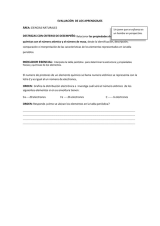 EVALUACIÓN DE LOS APRENDIZAJES
ÁREA: CIENCIAS NATURALES
DESTREZAS CON CRITERIO DE DESEMPEÑO: Relacionar las propiedades de los elementos
químicos con el número atómico y el número de masa, desde la identificación, descripción,
comparación e interpretación de las características de los elementos representados en la tabla
periódica
INDICADOR ESENCIAL: Interpreta la tabla periódica para determinar la estructura y propiedades
físicas y químicas de los elementos.
El numero de protones de un elemento químico se llama numero atómico se representa con la
letra Z y es igual al un número de electrones,
ORDEN: Grafica la distribución electrónica e investiga cuál será el número atómico de los
siguientes elementos si en su envoltura tienen:
Ca----20 electrones Fe ----26 electrones C ----- 6 electrones
ORDEN: Responde ¿cómo se ubican los elementos en la tabla periódica?
…………………………………………………………………………………………………………………………………………………
…………………………………………………………………………………………………………………………………………………
…………………………………………………………………………………………………………………………………………………
…………………………………………………………………………………………………………………………………………………
Un joven que se esfuerza es
un hombre en perspectiva.
 