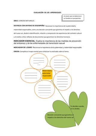 EVALUACIÓN DE LOS APRENDIZAJES
ÁREA: CIENCIAS NATURALES
DESTREZA CON CRITERIO DE DESEMPEÑO: Reconocer la importancia de la paternidad y
maternidad responsables, como una decisión consciente que garantice el respeto a los derechos
del nuevo ser, desde la identificación, relación y comparación de experiencias del contexto cultural
y el análisis crítico reflexivo de documentos que garanticen los derechos humanos.
INDICADOR ESENCIAL: Explica la importancia de las medidas de prevención
del embarazo y de las enfermedades de transmisión sexual
INDICADOR DE LOGRO: Reconoce la importancia de la paternidad y maternidad responsable.
ORDEN: Completa el mapa mental para sintetizar lo analizado sobre el tema.
Un joven que se esfuerza es
un hombre en perspectiva.
Maternidad y
paternidad
responsable
____________
____________
______----------
-----
____________
______
_____________
_____________
_____________
____________
______________
______________
______________
___
______________
______________
______________
______________
___________
____________
____________
____________
____________
_________
Tú decides cuando,
no lo olvides.
Decisión consciente que garantice el
respeto a los derechos del nuevo ser
 