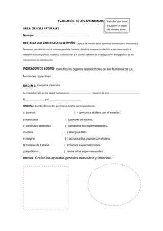 EVALUACIÓN DE LOS APRENDIZAJES
ÁREA: CIENCIAS NATURALES
Nombre………………………….…………….…………………………
DESTREZA CON CRITERIO DE DESEMPEÑO: Explicar la función de los aparatos reproductores masculino y
femenino y su relación con el sistema glandular humano, desde la observación identificación y descripción e
interpretación de gráficos, modelos, audiovisuales y el análisis reflexivo de investigaciones bibliográficas de los
mecanismos de reproducción.
INDICADOR DE LOGRO: Identifica los órganos reproductores del ser humano con sus
funciones respectivas.
ORDEN 1: Completa el párrafo
La reproducción en los seres humanos es ……………………………..requiere de dos ………………………………………..
El………………………… y el……………………………………………
ORDEN 2: Escribe dentro del paréntesis la letra correspondiente.
a) ovarios ( ) comunica el útero con el exterior.
b) testículos ( ) procede de óvulos.
c) vesículas seminales ( ) almacena los espermatozoides.
d) útero ( ) alberga al feto.
e) vagina ( ) comunica los ovarios con el útero.
f) trompas de Falopio. ( ) Produce espermatozoides.
g) epidídimo ( ) nutre a loa espermatozoides
ORDEN: Grafica los aparatos genitales masculino y femenino.
Estudiar con amor
es poner un soplo
de nuestra alma
en lo que se
haces.
 